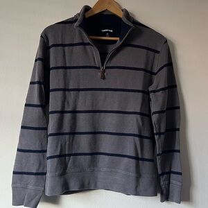 Gray Lands End Sweater with Navy Stripes and Zip Neck